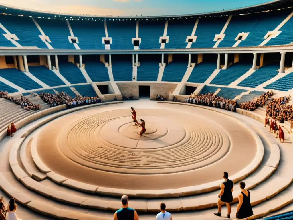Competencia deportiva en anfiteatro griego antiguo, atletas luchando y lanzando disco
