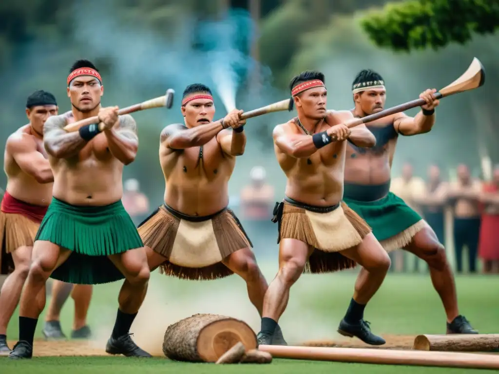 Competencia feroz de leñadores Maoríes en Nueva Zelanda, con atuendos tradicionales vibrantes y espectadores entusiastas