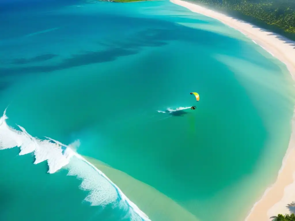 Competencia de kitesurf en el Caribe, reflejando la historia del kitesurf en América Latina con movimiento y colorido en el agua cristalina