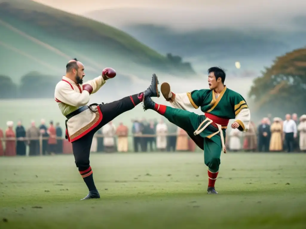 Competencia intensa de shin kicking en campo verde, con participantes y espectadores en atuendos tradicionales