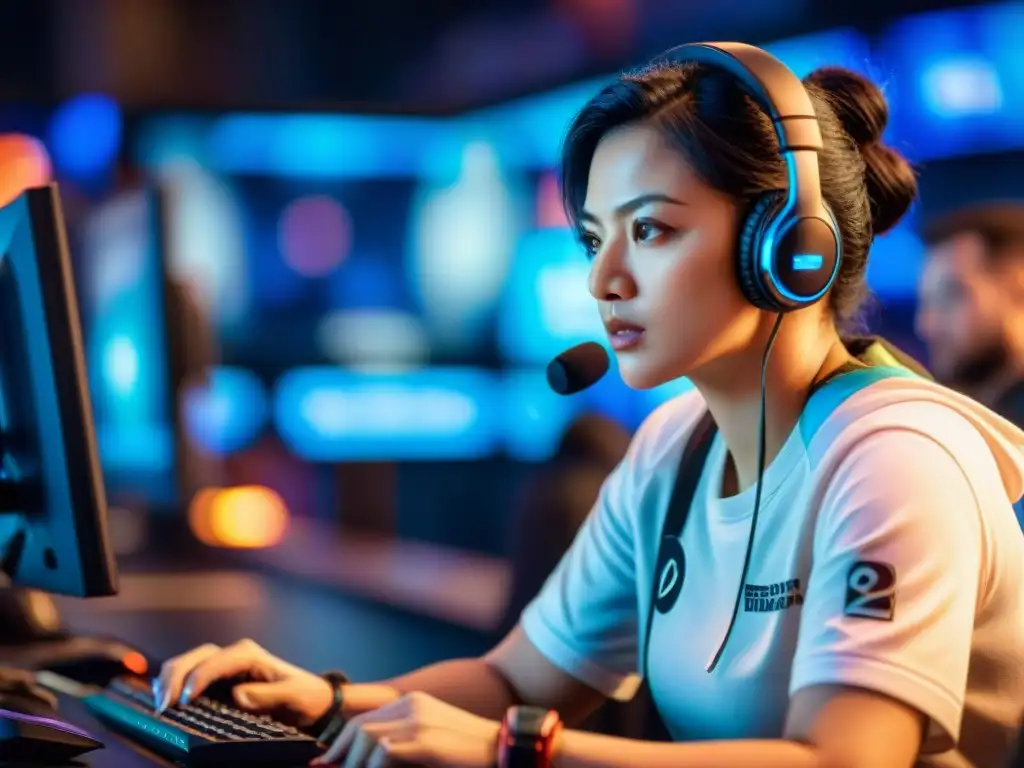 Competencia intensa en eSports inclusivos género edad: mujer concentrada compitiendo en torneo, rodeada de jugadores diversos y público animado