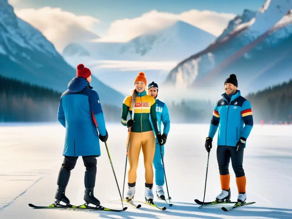 Competencia intensa de Juegos de invierno europeos tradicionales en lago helado rodeado de montañas nevadas