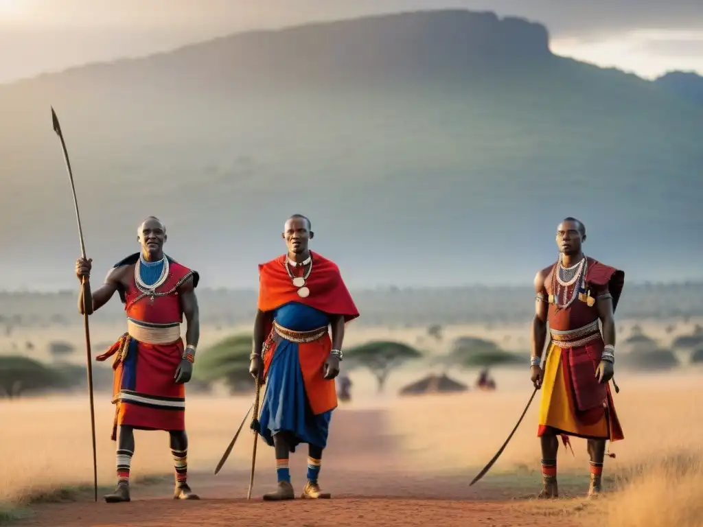 Competencia de lanzamiento de lanzas entre guerreros Maasai en las llanuras africanas al atardecer