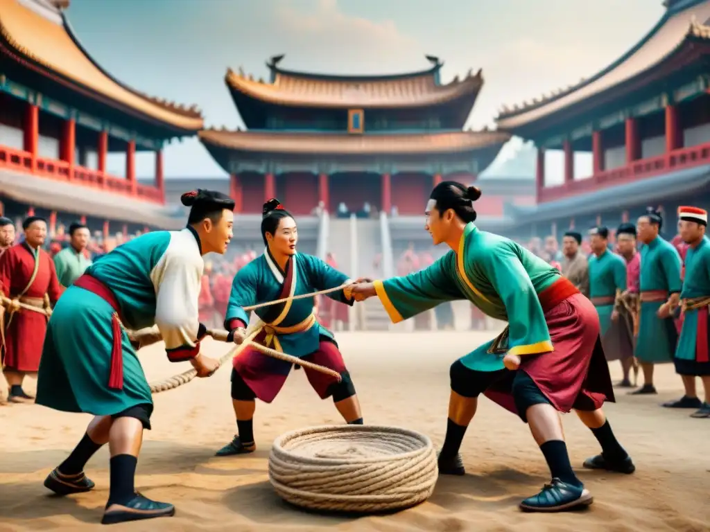 Épica Batalla de Tira y Afloja en Asia Antigua Competencia milenaria de Tug of War en Asia con equipos diversos en un mercado histórico