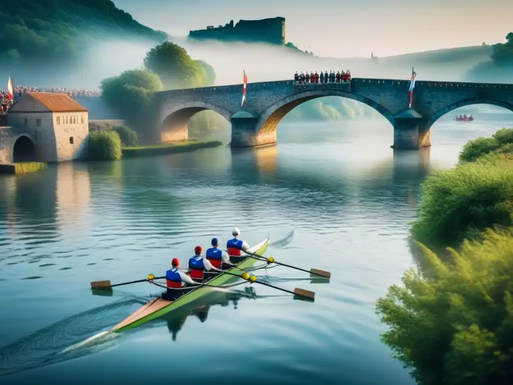 Competencia de remo en Europa: rowers surcan el río bajo un puente de piedra con banderas antiguas, espectadores animan desde la orilla