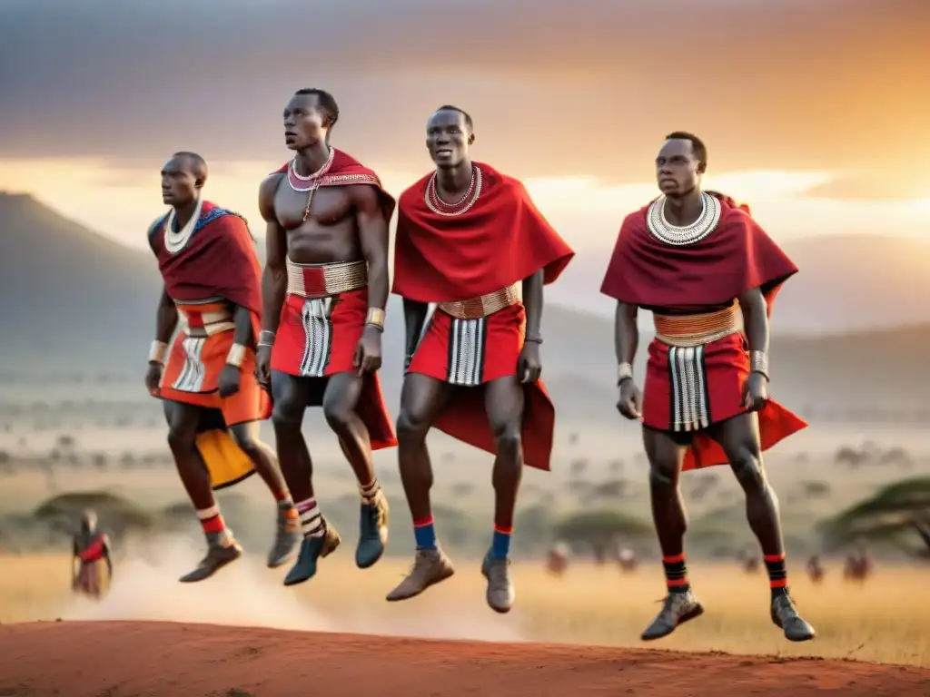 Competencia de salto entre guerreros Maasai bajo el atardecer africano dorado