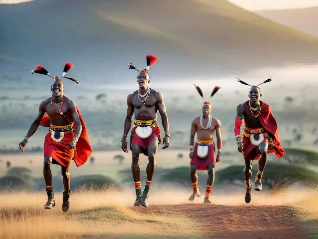 Competencia de salto entre guerreros Maasai en las llanuras del Serengeti al atardecer, destacando su orgullo cultural y destreza atlética