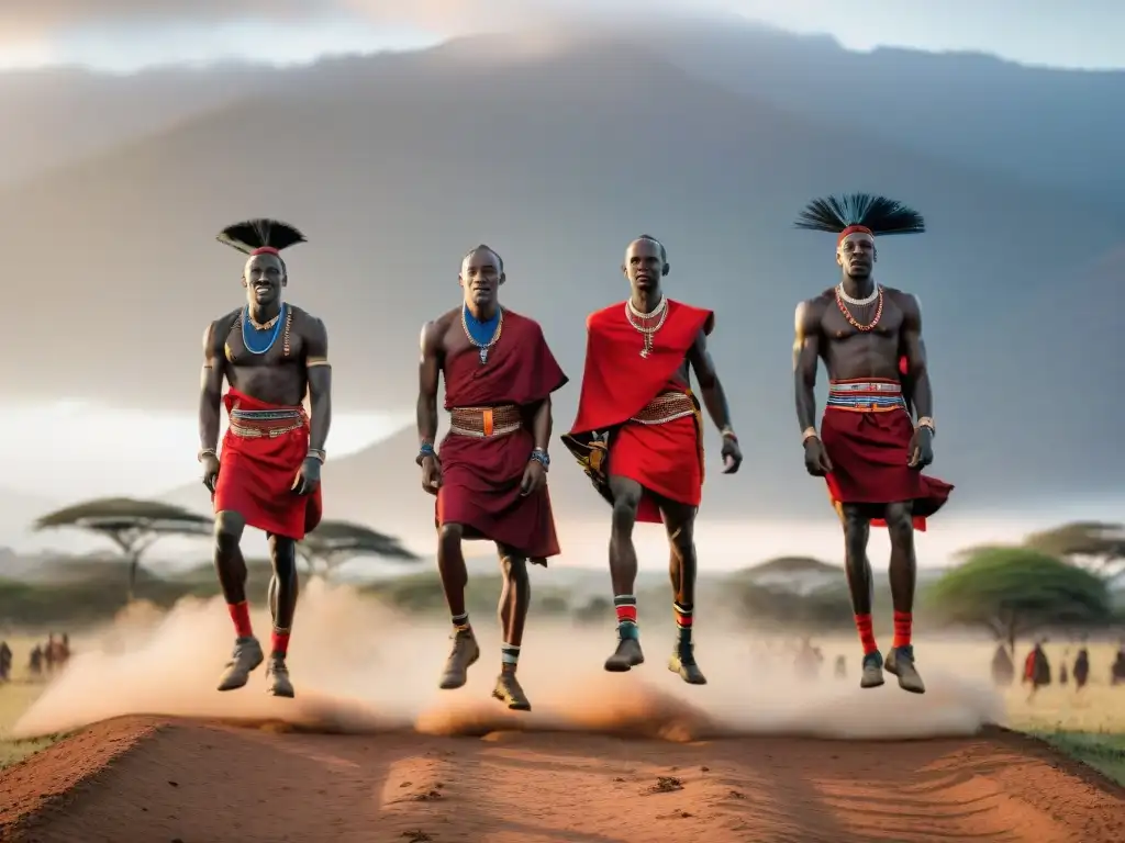 Competencia de salto de los guerreros Maasai en los Juegos Olímpicos tribales historia, bajo el atardecer africano