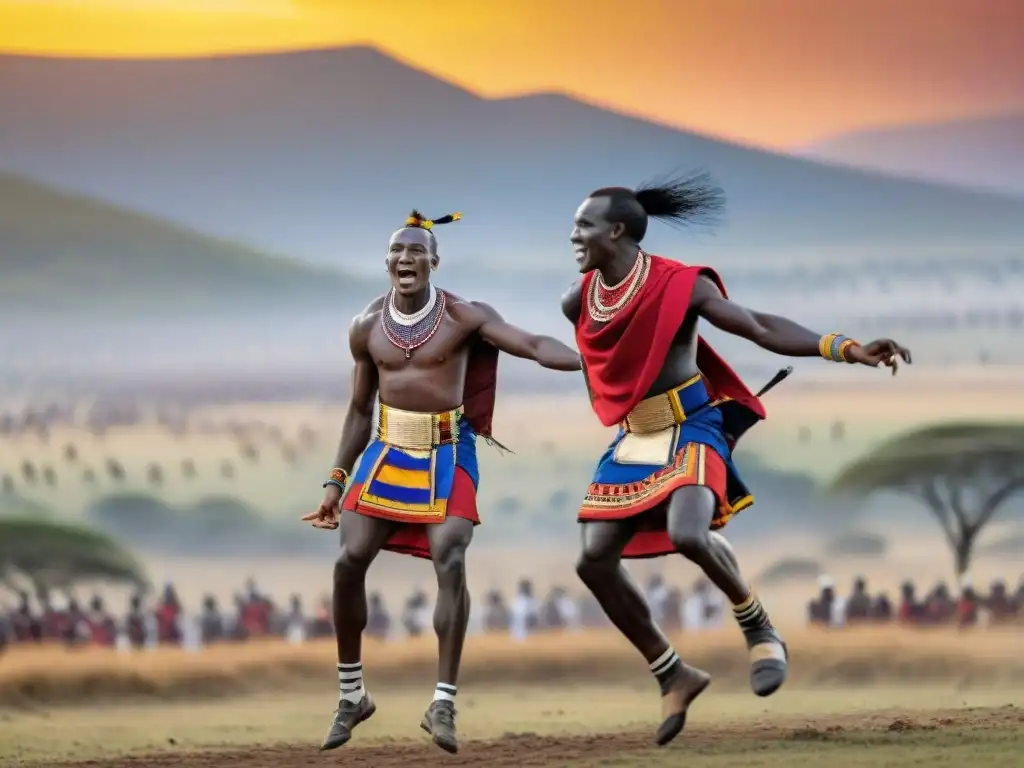 Competencia de salto entre guerreros Maasai en la sabana al atardecer