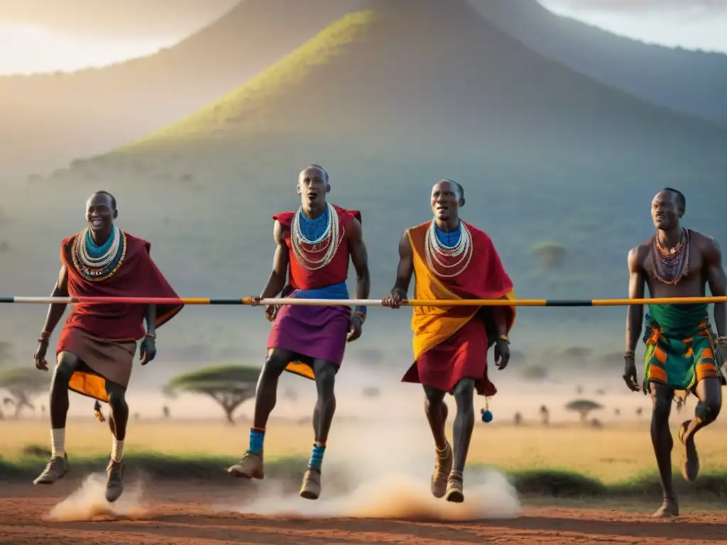 Competencia de salto en juegos de supervivencia tradicionales África: guerreros Maasai saltando con destreza en la sabana al atardecer