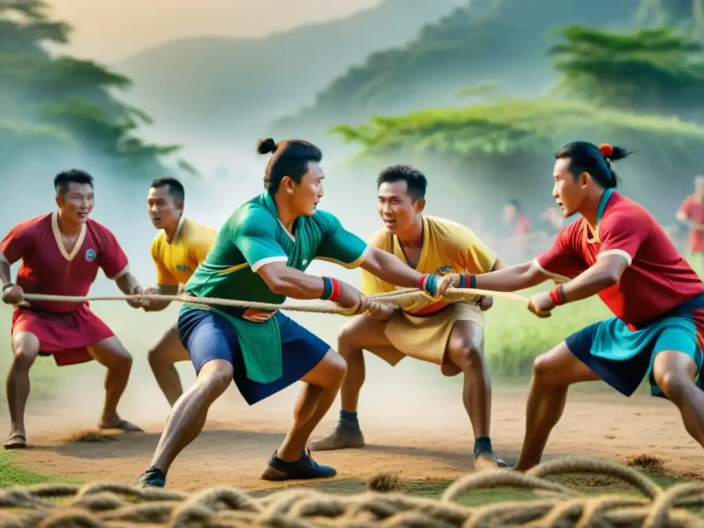 Competencia de Tira y Afloja: Determinación y Tradición Asiática Competencia tradicional de Tug of War en una aldea asiática, con participantes concentrados y determinados