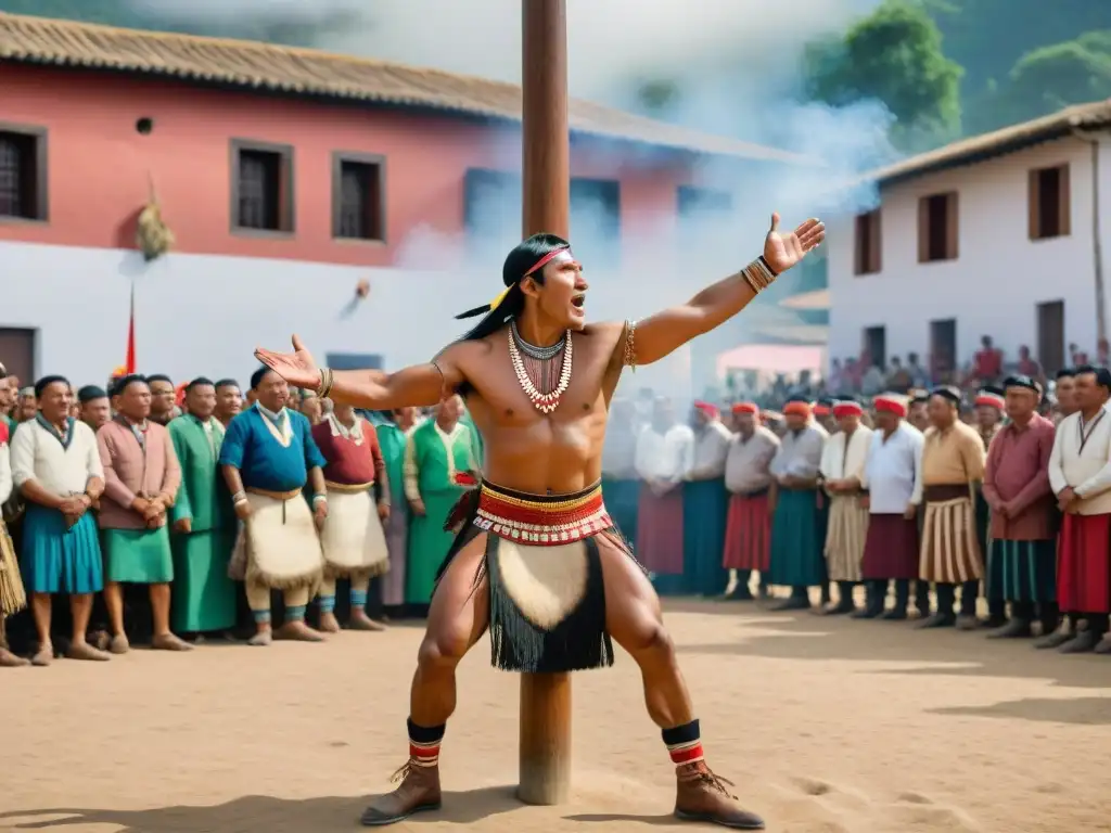 Competencia tradicional de Juego del Palo Ensebado: hombres indígenas en la plaza del pueblo, mostrando fuerza y destreza