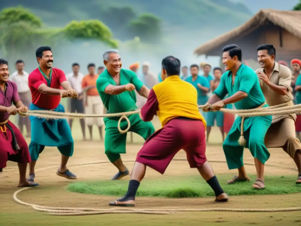 Competencia tradicional de Tug of War en un pueblo rural con equipos coloridos y multitud animada