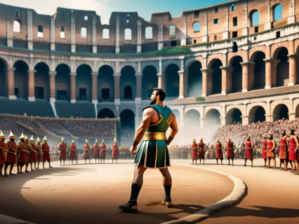 Competencias deportivas en la antigüedad: atletas compitiendo en deportes tradicionales en un coliseo grandioso, resolviendo conflictos amistosamente