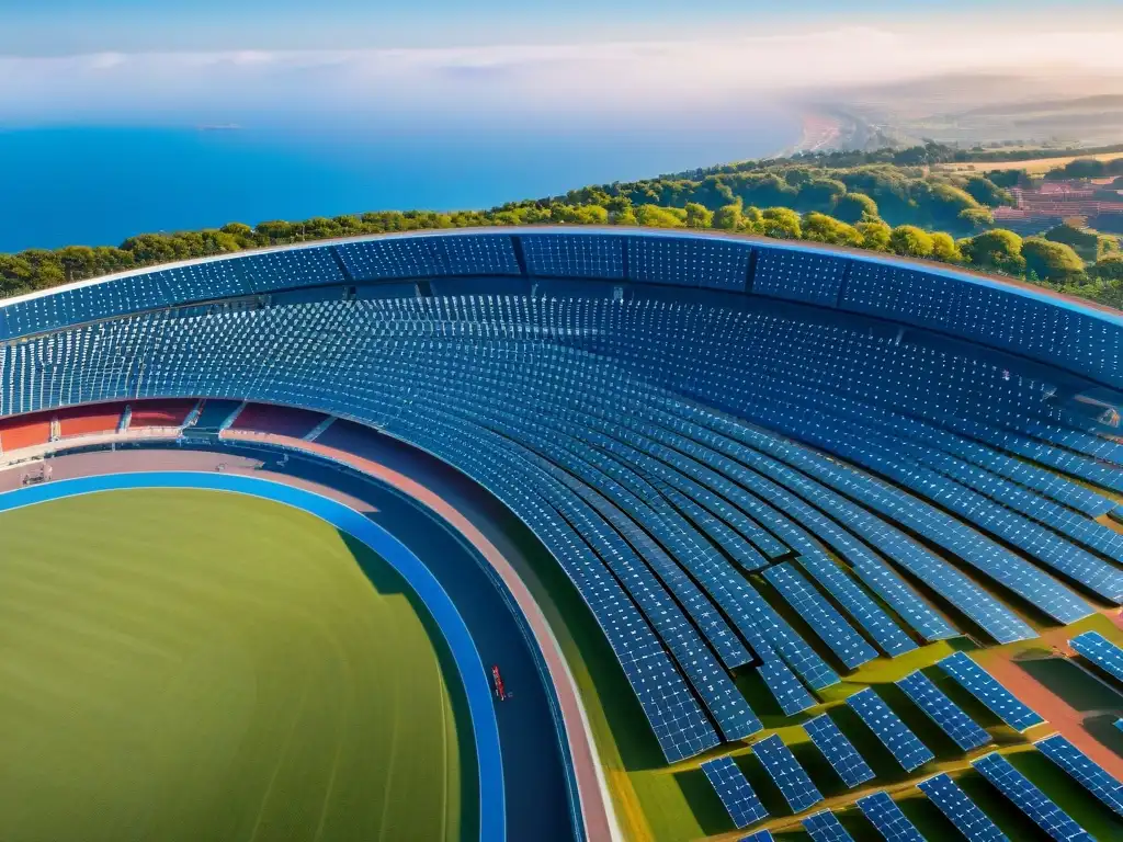 Competencias deportivas sostenibles energías renovables: Estadio lleno de público, atletas compitiendo, paneles solares y turbinas eólicas