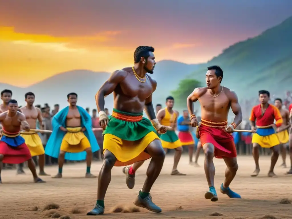 Competencias tradicionales de diferentes culturas en un festival vibrante al atardecer