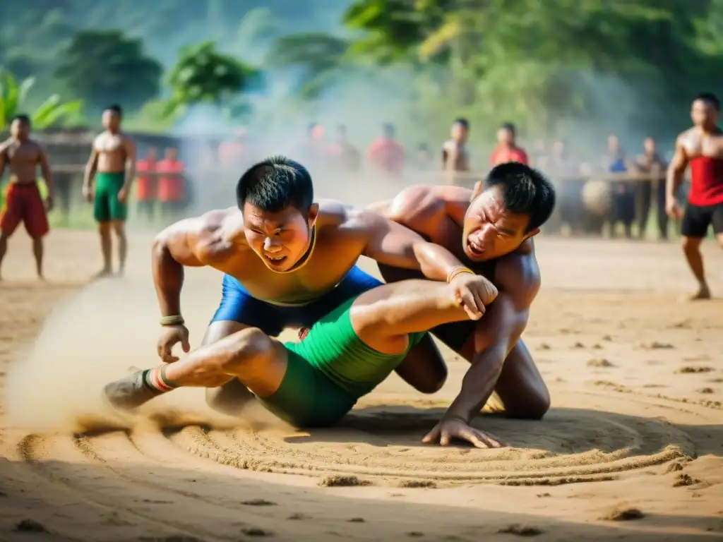 Competiciones de lucha tradicional Laos: Luchadores laosianos hábiles y determinados en un intenso combate en un campo soleado y verde