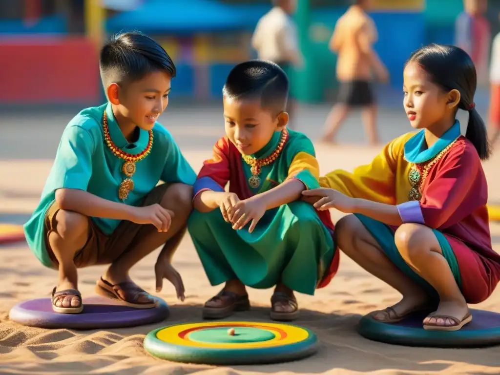 Competiciones de trompos en Malasia: Niños malayos concentrados y alegres compiten con gasing coloridos al atardecer