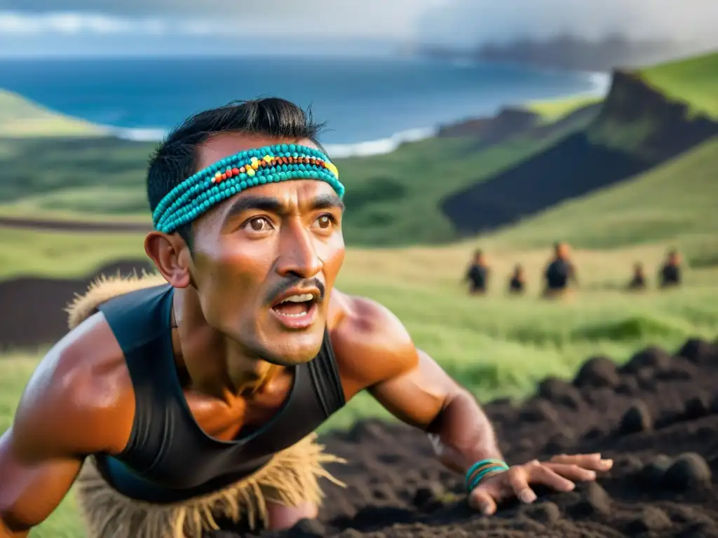 Un competidor desciende con determinación en Haka Pei Isla Pascua, reflejando la intensidad y tradición de la competencia