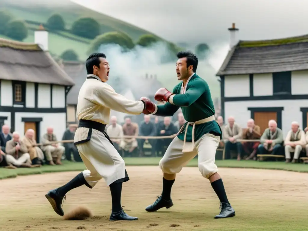 Competidores en un antiguo torneo de Shin Kicking en una aldea inglesa, rodeados de espectadores sorprendidos