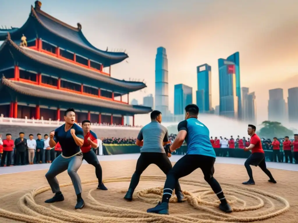 Competencia de Tira y Afloja en Ciudad Asiática Competidores de Tug of War luchan en una bulliciosa plaza en Asia