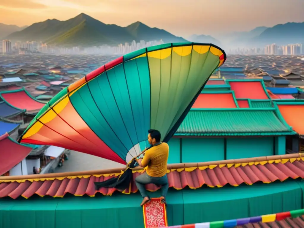 Dos competidores expertos en una feroz pelea de cometas en un colorido tejado de Asia