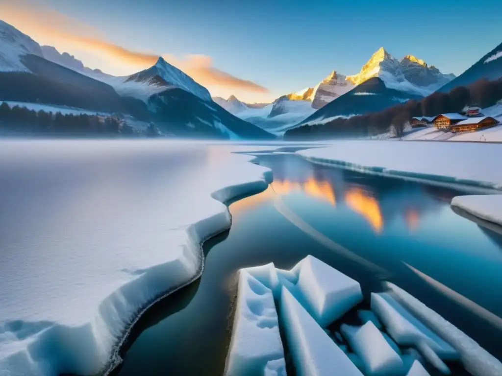 Competidores de juegos de invierno europeos tradicionales disfrutan de 'ice stock sport' en un lago alpino con paisaje nevado al atardecer