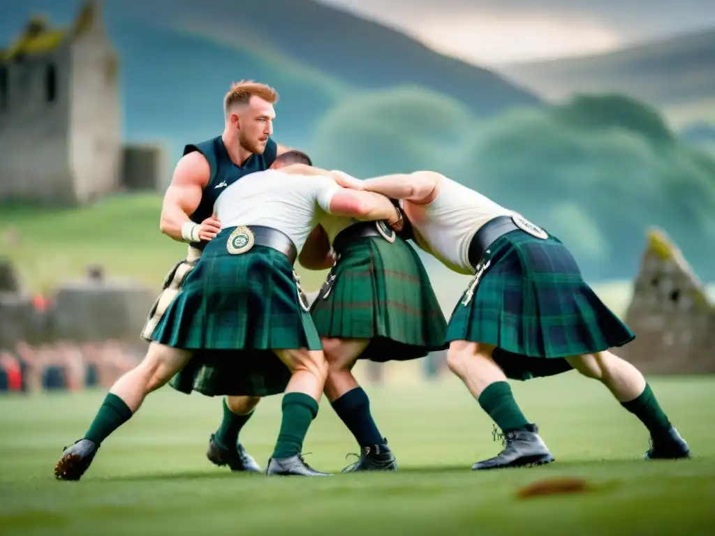 Competidores en kilts en un feroz combate de lucha celta tradicional en un campo verde rodeado de ruinas antiguas