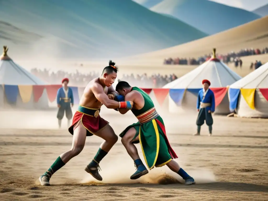 Competidores en lucha libre tradicional en el vibrante Festival Nadaam en Mongolia