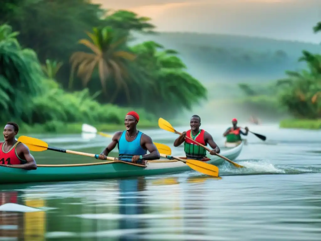 Competidores en vibrantes carreras de canoas tradicionales en África, rodeados de exuberante vegetación y espectadores animados