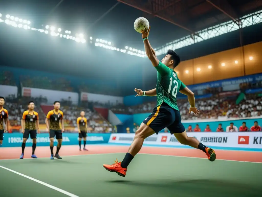 Competitividad en juegos tradicionales asiáticos: Momento tenso de un partido de Sepak Takraw en Asia, con jugadores ágiles y expresiones intensas