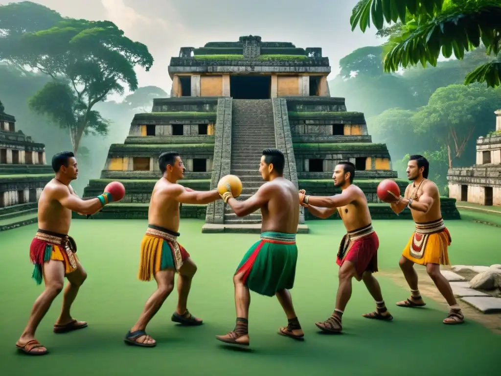 Competitivo juego de poktapok entre mayas, rodeados de selva, reflejando la riqueza cultural de los juegos tradicionales en civilizaciones