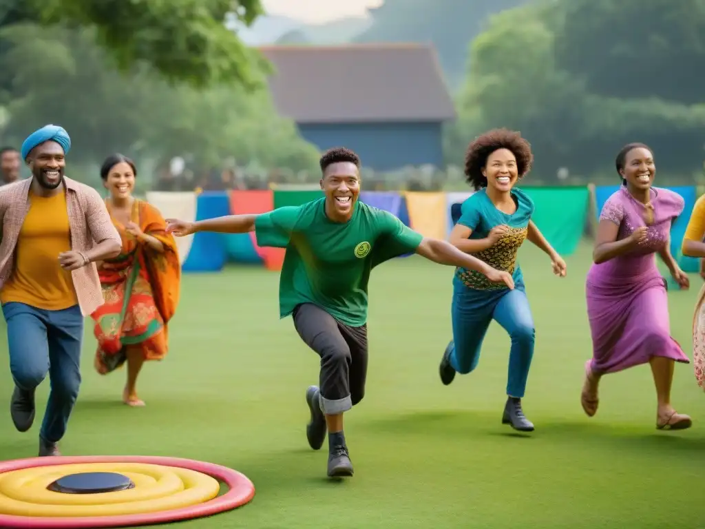 Comunidad diversa disfruta de juegos tradicionales sostenibles de culturas mundo en parque verde