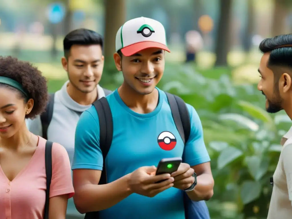 Una comunidad diversa juega Pokémon Go juntos en el parque, uniendo generaciones