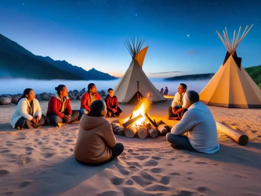 Comunidad indígena reunida alrededor de una fogata, escuchando historias de los ancianos bajo un cielo estrellado