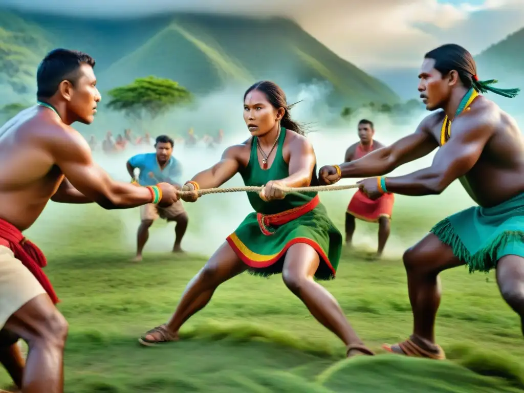 Una comunidad indígena vibrante juega Tug of War en un campo verde, mostrando fuerza y unidad en el juego tradicional