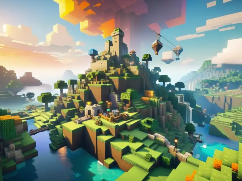 Una comunidad virtual en Minecraft: un paisaje pixelado vibrante y dinámico bajo un atardecer magnífico