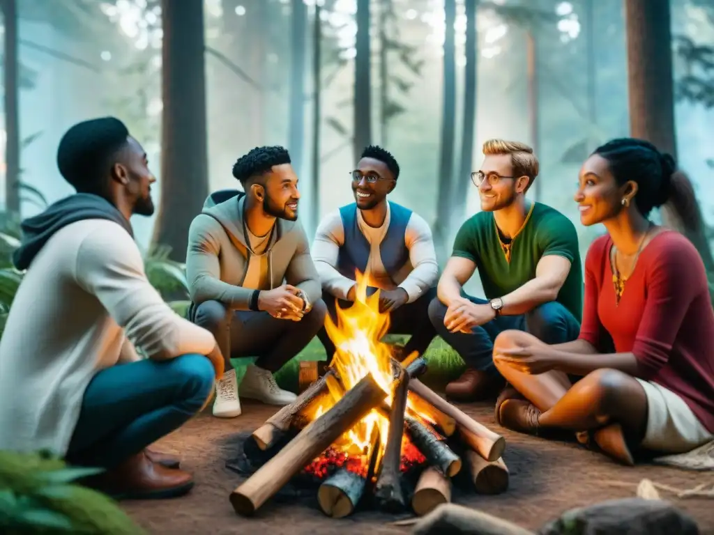 Comunidades globales en juegos en línea: Jugadores de todo el mundo conversan alrededor de una hoguera virtual en un bosque fantástico