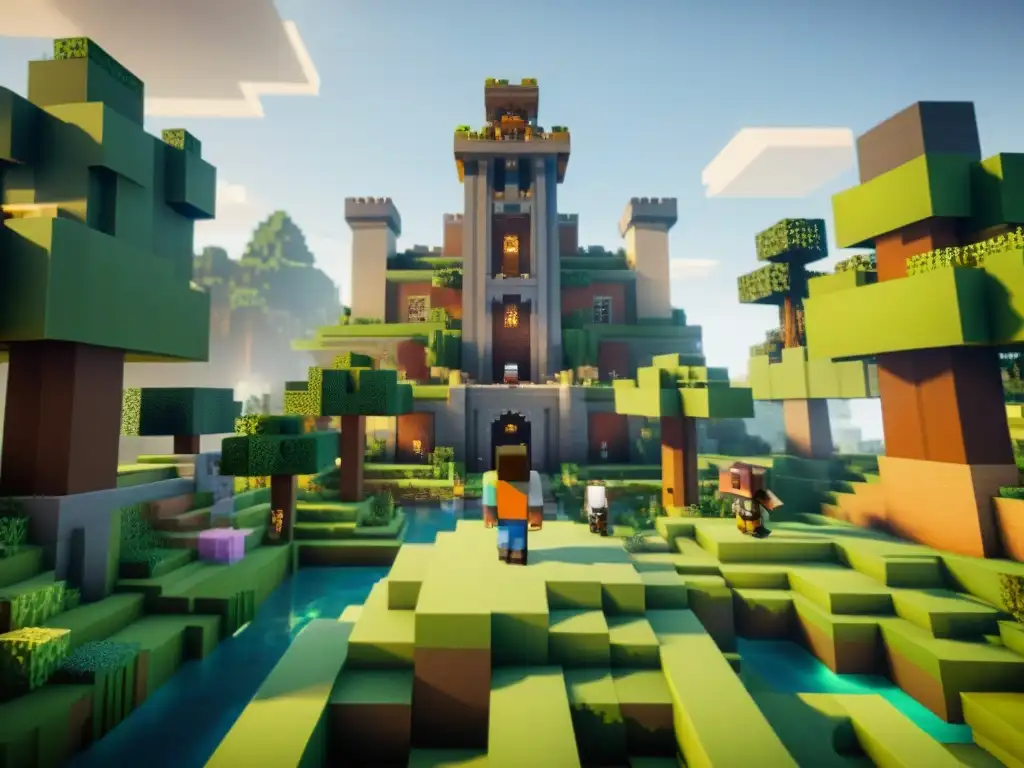 Comunidades virtuales en Minecraft: Jugadores crean castillo, jardín y mecanismos en un mundo virtual colaborativo