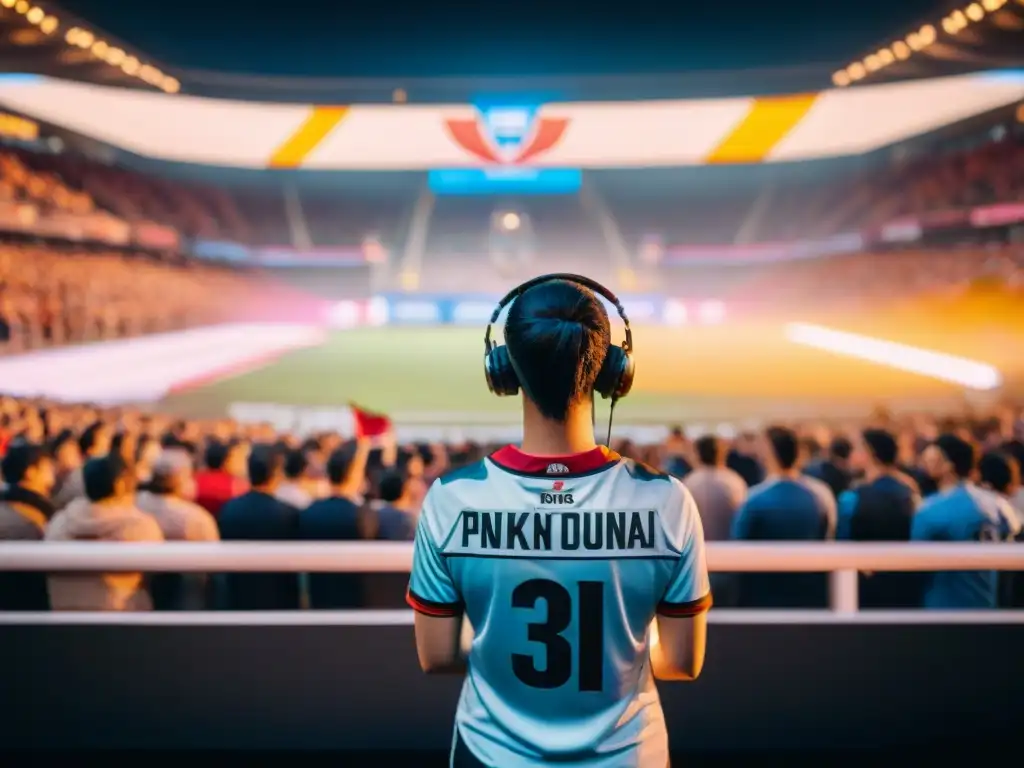 Transformación del concepto de aficionado: Multitud emocionada en un estadio de deportes electrónicos, ondeando banderas y con camisetas de equipos, observando con intensidad las pantallas gigantes