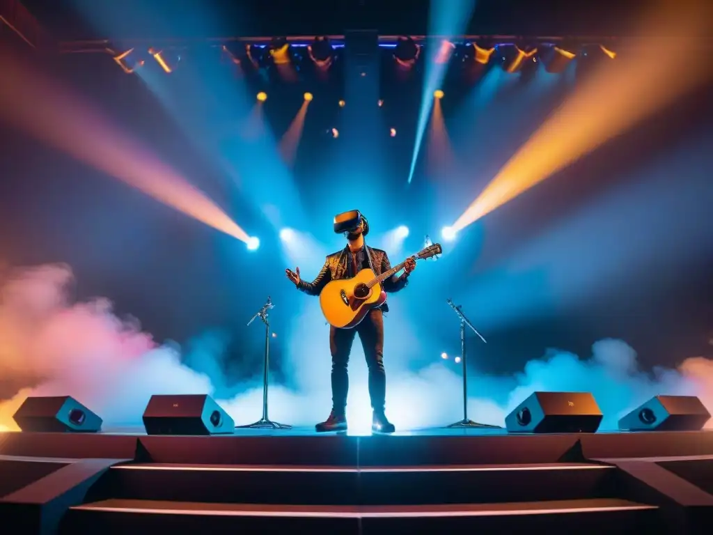 Conciertos virtuales experiencia inmersiva: músico en escenario futurista rodeado de audiencia virtual