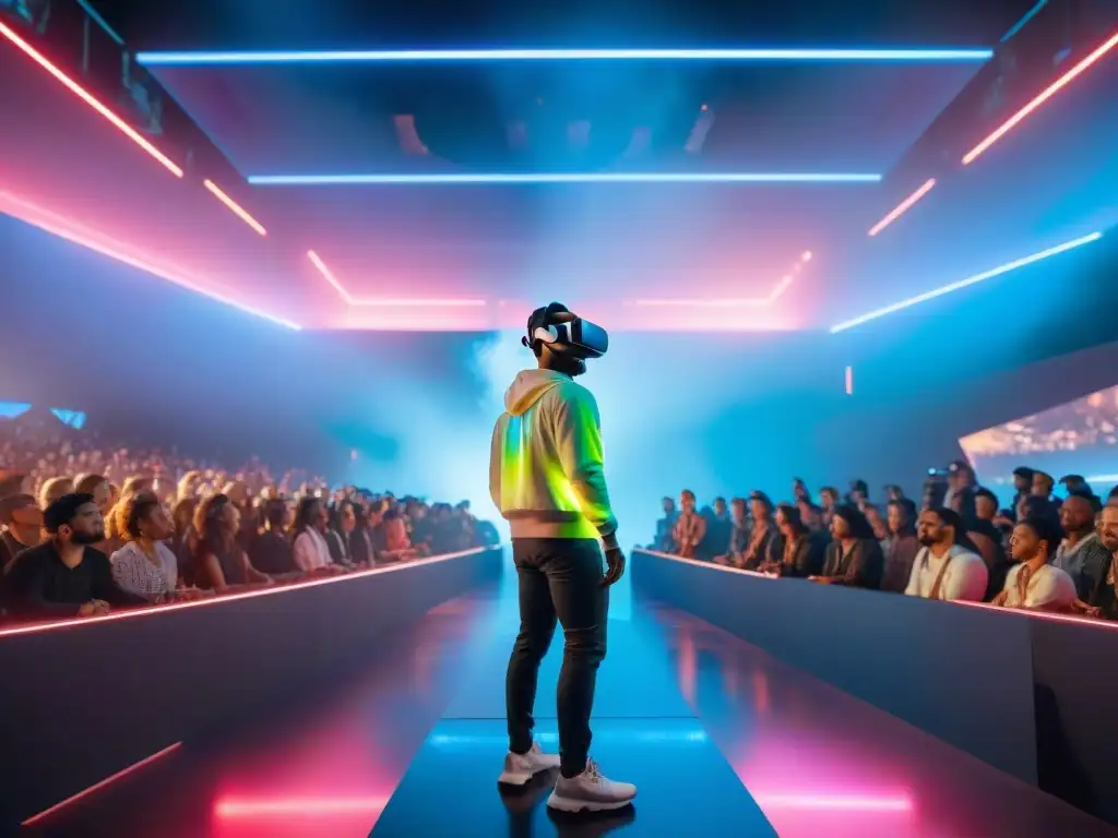 Conciertos virtuales: experiencia inmersiva en escenario digital futurista con hologramas y luces hipnóticas