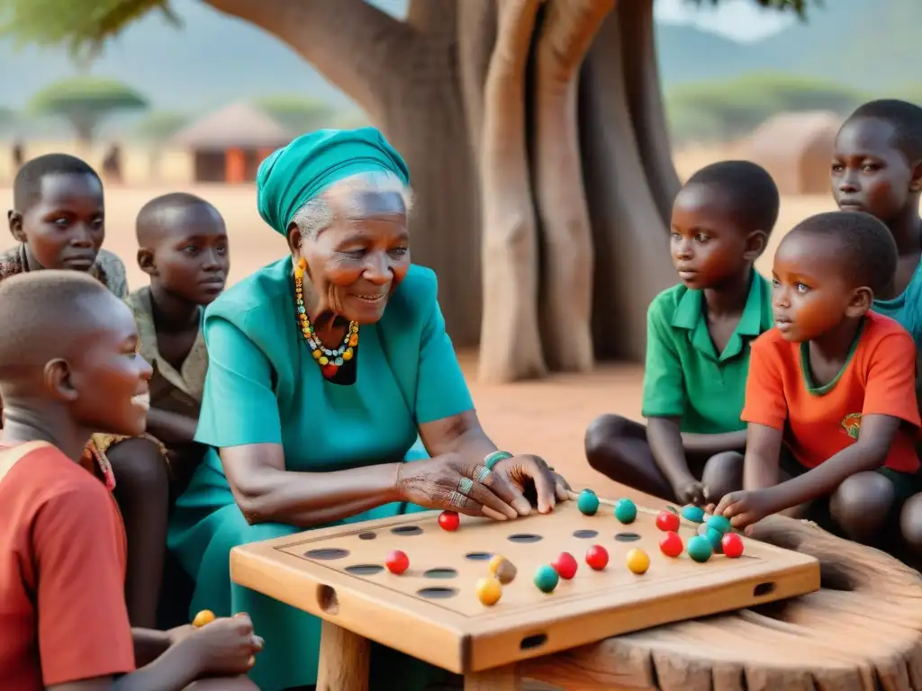 Conexión intergeneracional: mujer africana enseña juego tradicional bajo baobab