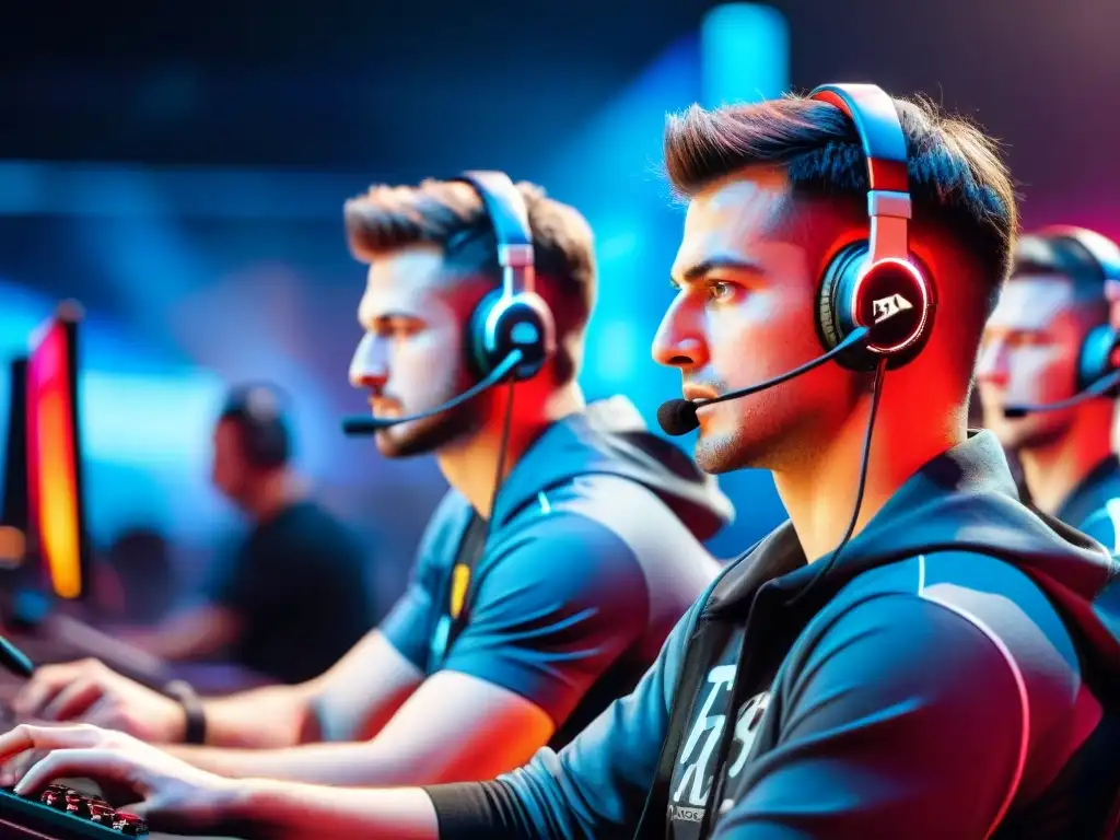 Resolución de conflictos en equipos eSports: Dos jugadores discuten intensamente en una arena de juegos iluminada, mostrando tensión y concentración