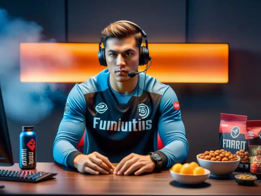 Consejos nutrición jugadores eSports: Jugador concentrado en su setup de gaming, rodeado de snacks saludables en ambiente moderno y tenue