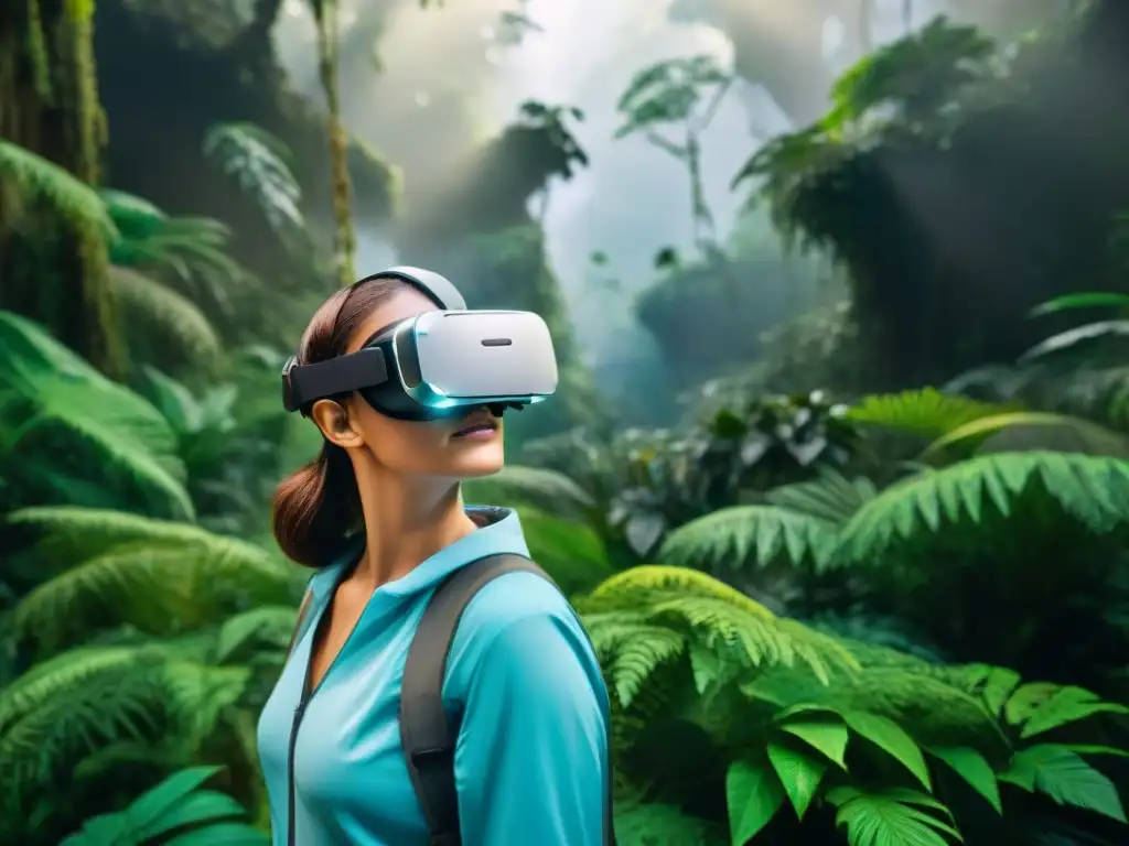 Conservacionista usando auriculares de realidad virtual en selva exuberante, rodeado de vida silvestre, impacto de tecnología en conservación