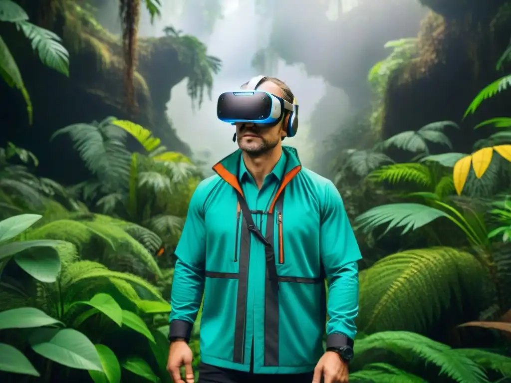 Conservacionistas en realidad virtual exploran la vida en la naturaleza, rodeados de exuberante biodiversidad