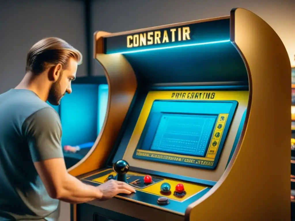 Conservadores restaurando un gabinete arcade vintage en un laboratorio de conservación de materiales de juegos