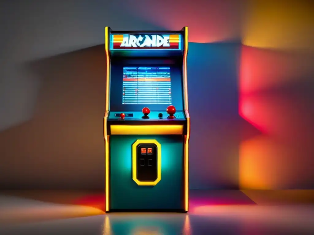 Consola arcade vintage modernizada con luces LED vibrantes en una sala iluminada, reflejando la esencia de ediciones raras juegos antiguos modernos