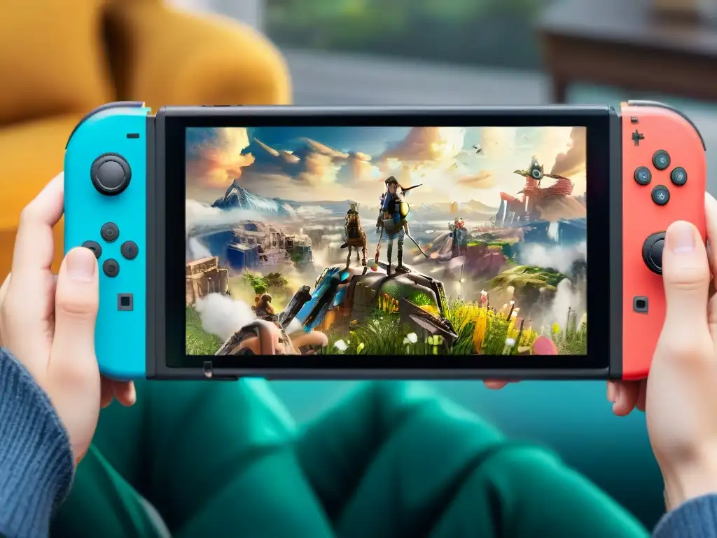 Consola Nintendo Switch usada con marca de desgaste, reflejando un juego popular en la pantalla, en ambiente acogedor